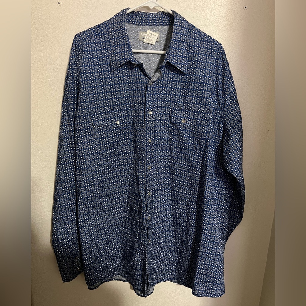 WRANGLER‎ Classic Pearl Snap Wrancher Western Button Down Blue Tan Men's Sz 2XLT